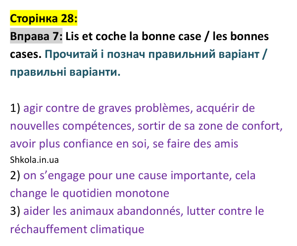 Відповідь до вправи 7 (с. 28) з французької мови для 9 класу, Ураєва 2026: Unité 2, Leçons 12–13