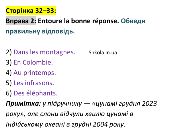 Відповідь до вправи 2 (с. 32–33) з французької мови для 9 класу, Ураєва 2026: Unité 2, Leçons 16–17