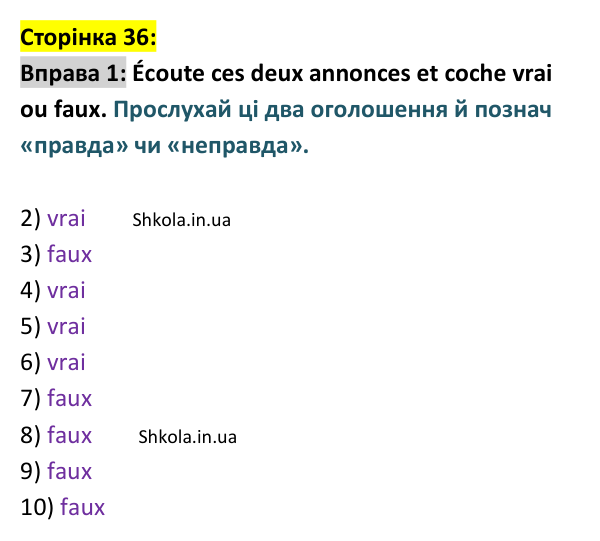 Відповідь до вправи 1 (с. 36) з французької мови для 9 класу, Ураєва 2026: Unité 2, Leçons 18–19