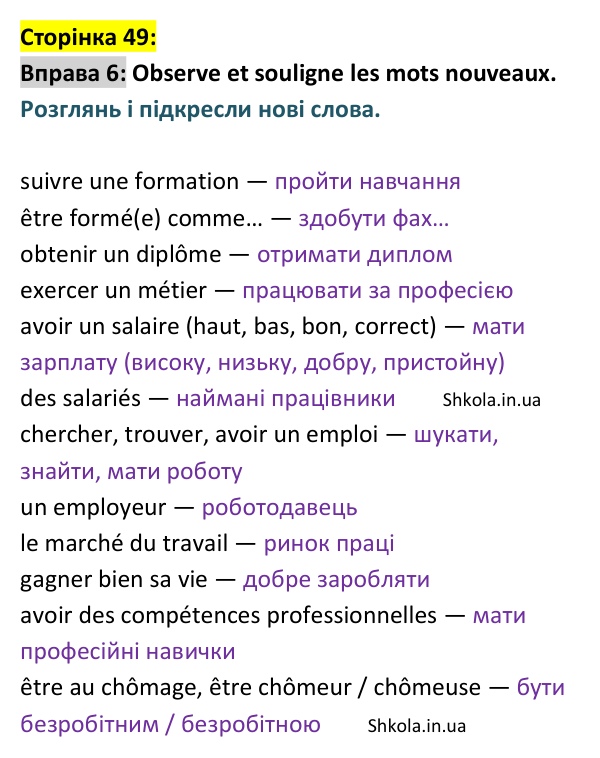 Відповідь до вправи 6 (с. 49) з французької мови для 9 класу, Ураєва 2026: Unité 3, Leçons 25–26