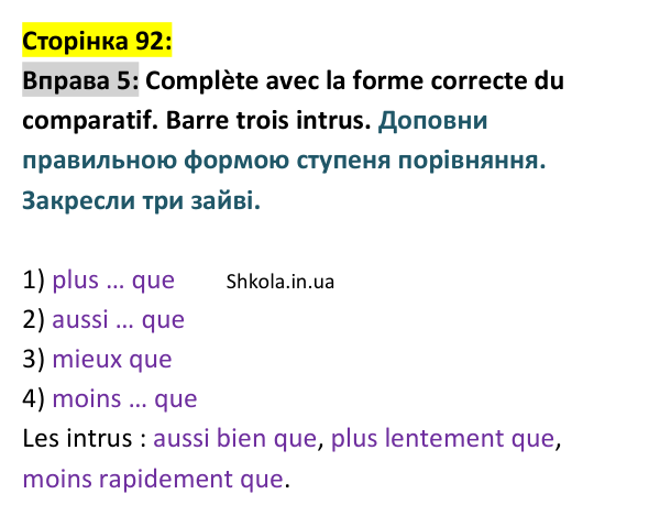 Відповідь до вправи 5 (с. 92) з французької мови для 9 класу, Ураєва 2026: Unité 5, Leçons 54–55. Révision 5