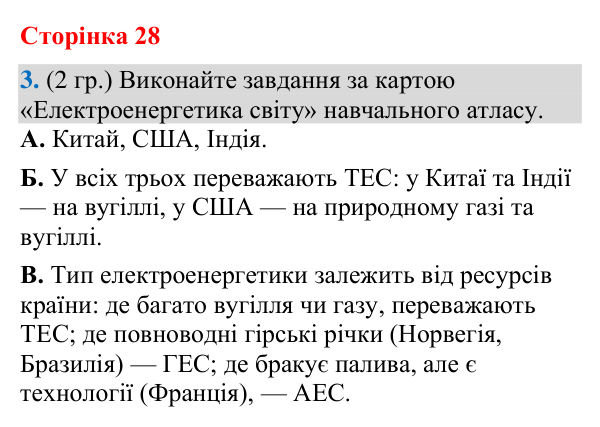 Відповідь до завдання 3 (§ 18, с. 28) з географії для 9 класу (Гільберг, зошит, 2026): Як працює електроенергетика у світі…