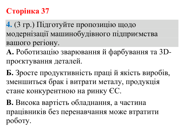 Відповідь до завдання 4 (§ 23, с. 37) з географії для 9 класу (Гільберг, зошит, 2026): Як здійснюється виробництво машин та…