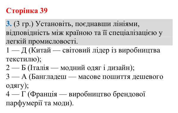 Відповідь до завдання 3 (§ 25, с. 39) з географії для 9 класу (Гільберг, зошит, 2026): Які особливості розвитку легкої…