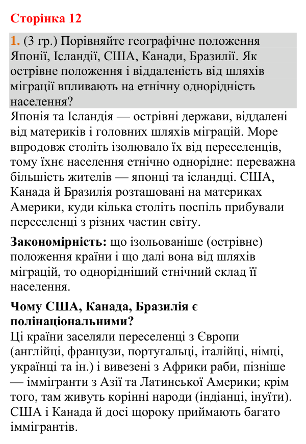 Відповідь до завдання 1 (§ 8, с. 12) з географії для 9 класу (Гільберг, зошит, 2026): Яким є етнічний та релігійний склад…