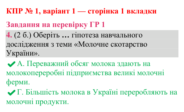 Відповідь до завдання 4 (ГР 1) комплексної підсумкової роботи № 1, варіант 1 (с. 1 вкладки) з географії для 9 класу (Гільберг, зошит, 2026)