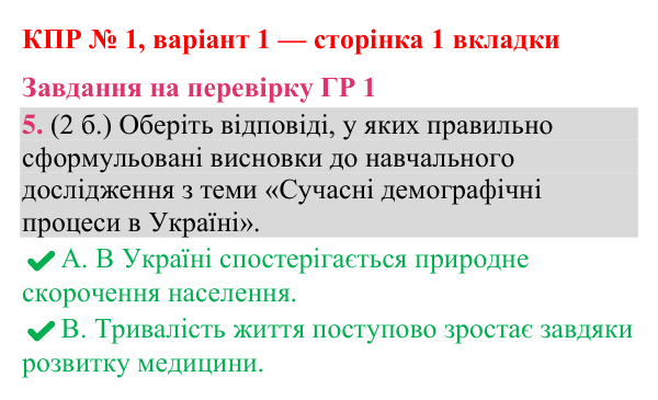 Відповідь до завдання 5 (ГР 1) комплексної підсумкової роботи № 1, варіант 1 (с. 1 вкладки) з географії для 9 класу (Гільберг, зошит, 2026)