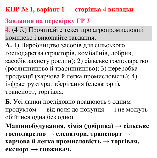 Відповідь до завдання 4 (ГР 3) комплексної підсумкової роботи № 1, варіант 1 (с. 4 вкладки) з географії для 9 класу (Гільберг, зошит, 2026)
