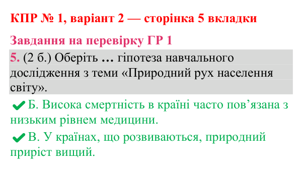 Відповідь до завдання 5 (ГР 1) комплексної підсумкової роботи № 1, варіант 2 (с. 5 вкладки) з географії для 9 класу (Гільберг, зошит, 2026)