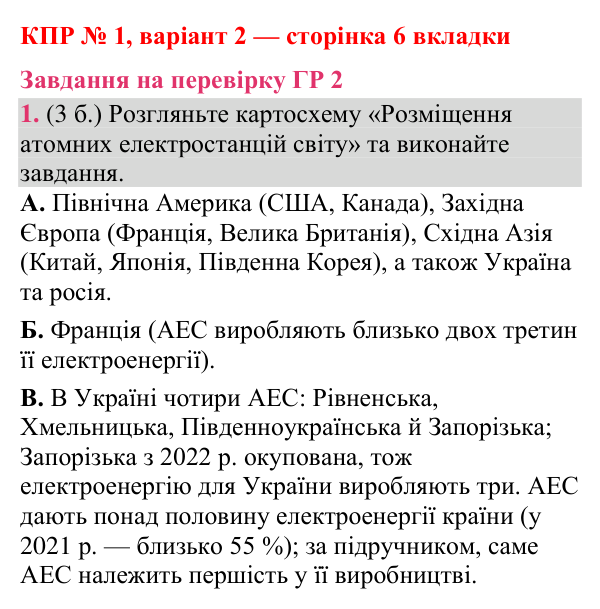 Відповідь до завдання 1 (ГР 2) комплексної підсумкової роботи № 1, варіант 2 (с. 6 вкладки) з географії для 9 класу (Гільберг, зошит, 2026)