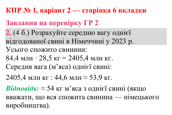 Відповідь до завдання 2 (ГР 2) комплексної підсумкової роботи № 1, варіант 2 (с. 6 вкладки) з географії для 9 класу (Гільберг, зошит, 2026)