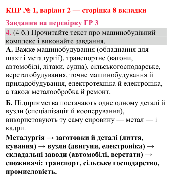 Відповідь до завдання 4 (ГР 3) комплексної підсумкової роботи № 1, варіант 2 (с. 8 вкладки) з географії для 9 класу (Гільберг, зошит, 2026)