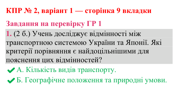 Відповідь до завдання 1 (ГР 1) комплексної підсумкової роботи № 2, варіант 1 (с. 9 вкладки) з географії для 9 класу (Гільберг, зошит, 2026)