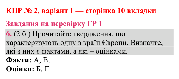 Відповідь до завдання 6 (ГР 1) комплексної підсумкової роботи № 2, варіант 1 (с. 10 вкладки) з географії для 9 класу (Гільберг, зошит, 2026)