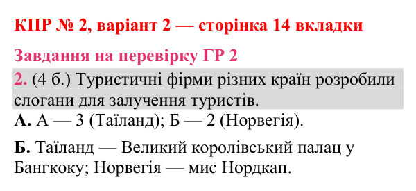 Відповідь до завдання 2 (ГР 2) комплексної підсумкової роботи № 2, варіант 2 (с. 14 вкладки) з географії для 9 класу (Гільберг, зошит, 2026)