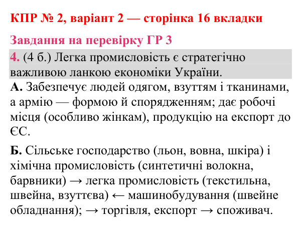Відповідь до завдання 4 (ГР 3) комплексної підсумкової роботи № 2, варіант 2 (с. 16 вкладки) з географії для 9 класу (Гільберг, зошит, 2026)