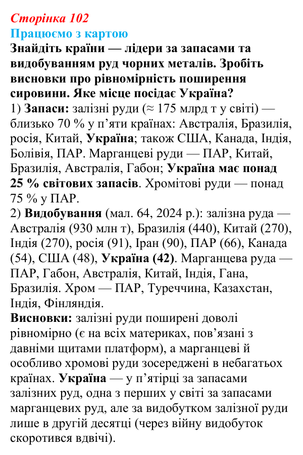 Відповідь до завдання «Працюємо з картою» § 13 (с. 102) з географії для 9 класу (Безуглий, 2026): Видобування рудних...