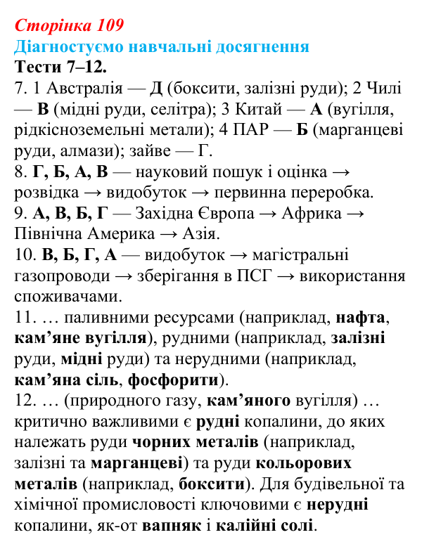 Відповіді до тестів 7–12 «Діагностуємо навчальні досягнення» (с. 109) з географії для 9 класу (Безуглий, 2026)