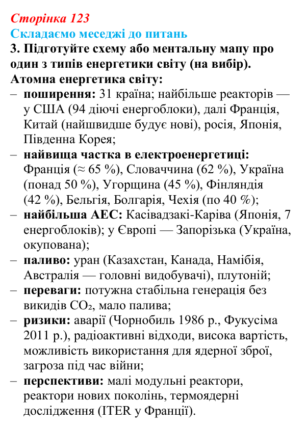 Відповідь до завдання 3 «Складаємо меседжі до питань» § 15 (с. 123) з географії для 9 класу (Безуглий, 2026)