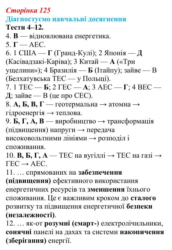 Відповіді до тестів 4–12 «Діагностуємо навчальні досягнення» (с. 125) з географії для 9 класу (Безуглий, 2026)