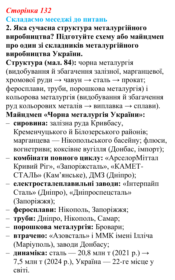 Відповідь до завдання 2 «Складаємо меседжі до питань» § 16 (с. 132) з географії для 9 класу (Безуглий, 2026): Значення...