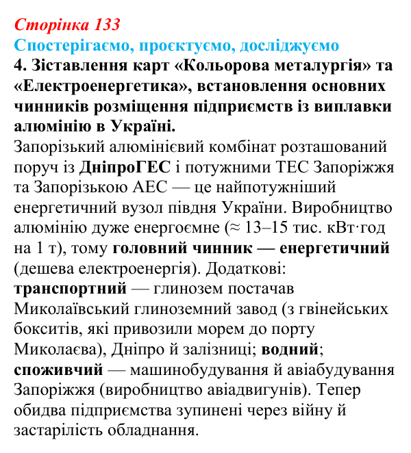 Відповідь до завдання 4 «Спостерігаємо, проєктуємо, досліджуємо» § 16 (с. 133) з географії для 9 класу (Безуглий, 2026)