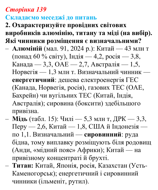 Відповідь до завдання 2 «Складаємо меседжі до питань» § 17 (с. 139) з географії для 9 класу (Безуглий, 2026): Металургійне...