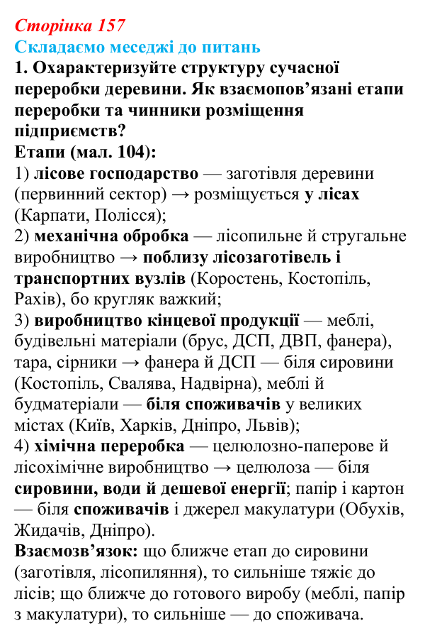 Відповідь до завдання 1 «Складаємо меседжі до питань» § 20 (с. 157) з географії для 9 класу (Безуглий, 2026): Виробництво...