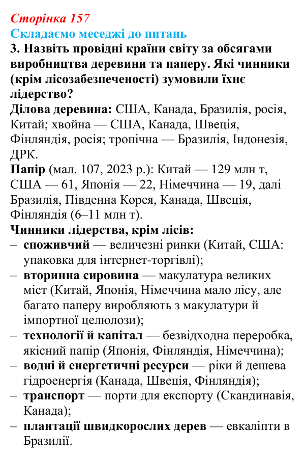 Відповідь до завдання 3 «Складаємо меседжі до питань» § 20 (с. 157) з географії для 9 класу (Безуглий, 2026): Виробництво...