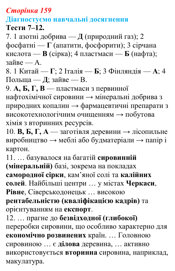 Відповіді до тестів 7–12 «Діагностуємо навчальні досягнення» (с. 159) з географії для 9 класу (Безуглий, 2026)