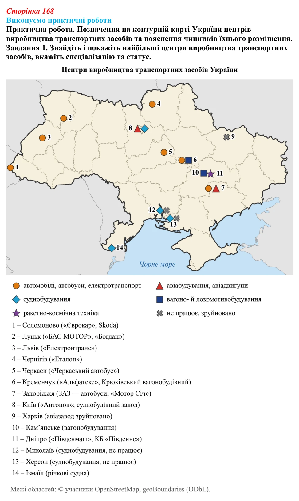 Відповідь до завдання 1 практичної роботи 9 § 21 (с. 168) з географії для 9 класу (Безуглий, 2026): Роль машинобудування...