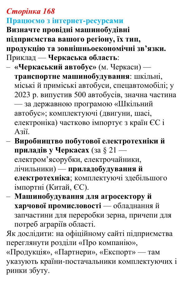 Відповідь до завдання «Працюємо з інтернет-ресурсами» § 21 (с. 168) з географії для 9 класу (Безуглий, 2026): Роль...