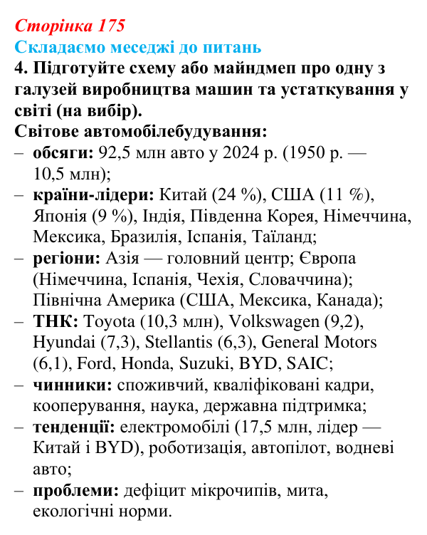 Відповідь до завдання 4 «Складаємо меседжі до питань» § 22 (с. 175) з географії для 9 класу (Безуглий, 2026)