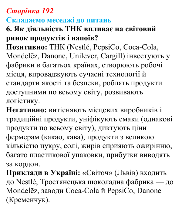Відповідь до завдання 6 «Складаємо меседжі до питань» § 24 (с. 192) з географії для 9 класу (Безуглий, 2026): Харчова...