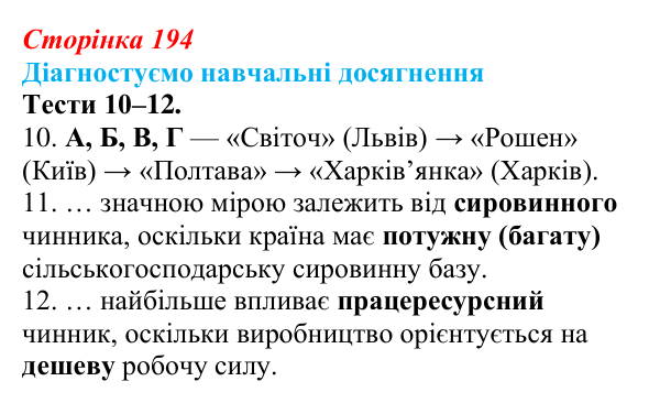 Відповіді до тестів 10–12 «Діагностуємо навчальні досягнення» (с. 194) з географії для 9 класу (Безуглий, 2026): Харчова...