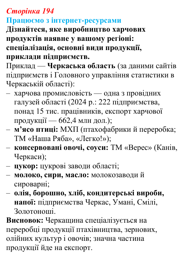 Відповідь до завдання «Працюємо з інтернет-ресурсами» § 24 (с. 194) з географії для 9 класу (Безуглий, 2026): Харчова...