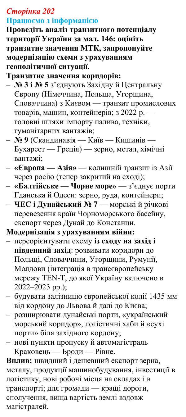 Відповідь до завдання «Працюємо з інформацією» § 25 (с. 202) з географії для 9 класу (Безуглий, 2026): Транспорт...