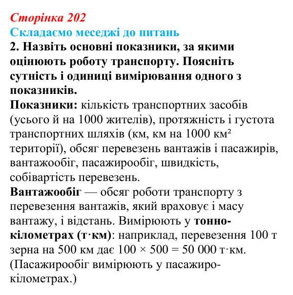 Відповідь до завдання 2 «Складаємо меседжі до питань» § 25 (с. 202) з географії для 9 класу (Безуглий, 2026): Транспорт...