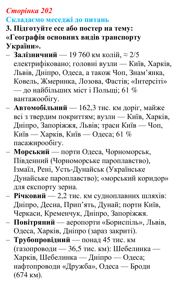 Відповідь до завдання 3 «Складаємо меседжі до питань» § 25 (с. 202) з географії для 9 класу (Безуглий, 2026): Транспорт...