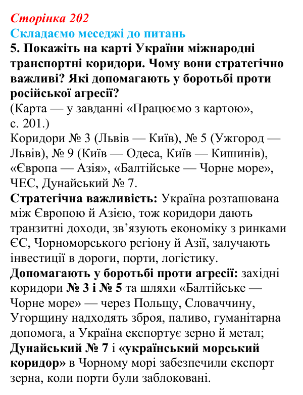 Відповідь до завдання 5 «Складаємо меседжі до питань» § 25 (с. 202) з географії для 9 класу (Безуглий, 2026): Транспорт...