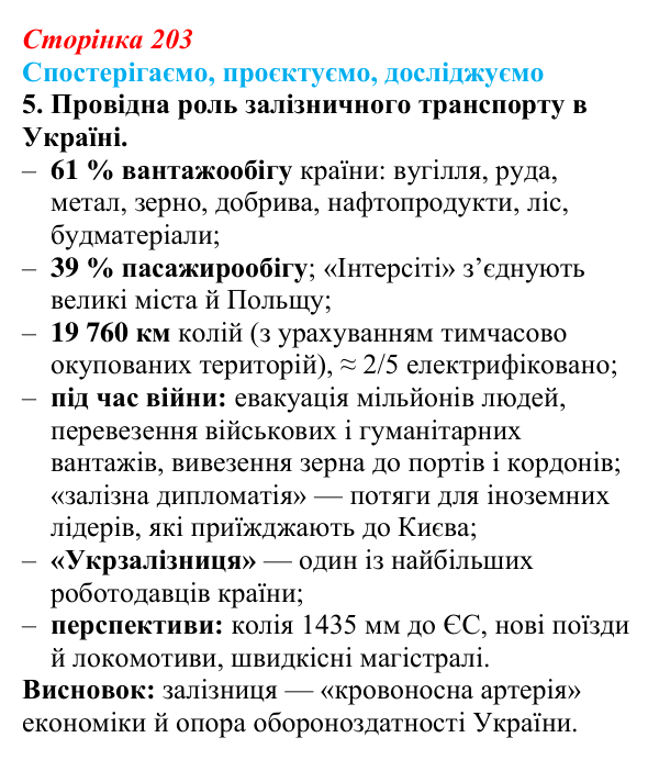 Відповідь до завдання 5 «Спостерігаємо, проєктуємо, досліджуємо» § 25 (с. 203) з географії для 9 класу (Безуглий, 2026)