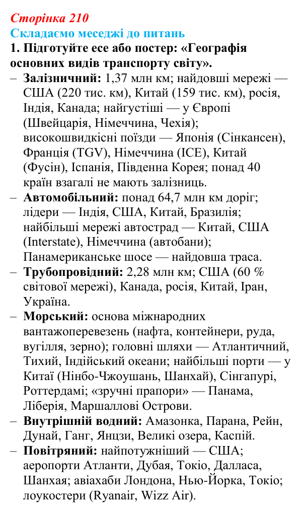 Відповідь до завдання 1 «Складаємо меседжі до питань» § 26 (с. 210) з географії для 9 класу (Безуглий, 2026): Транспорт світу