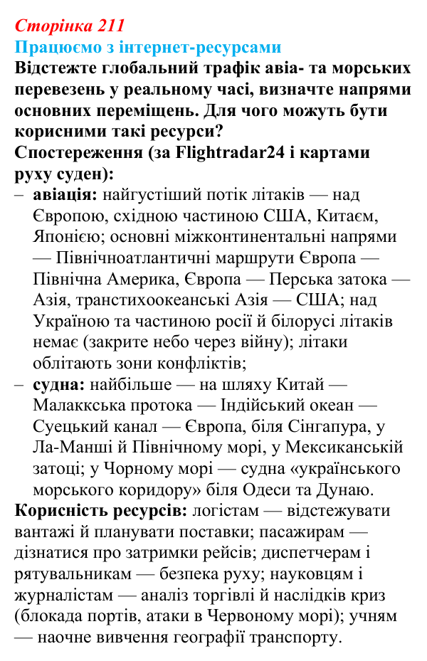 Відповідь до завдання «Працюємо з інтернет-ресурсами» § 26 (с. 211) з географії для 9 класу (Безуглий, 2026): Транспорт світу