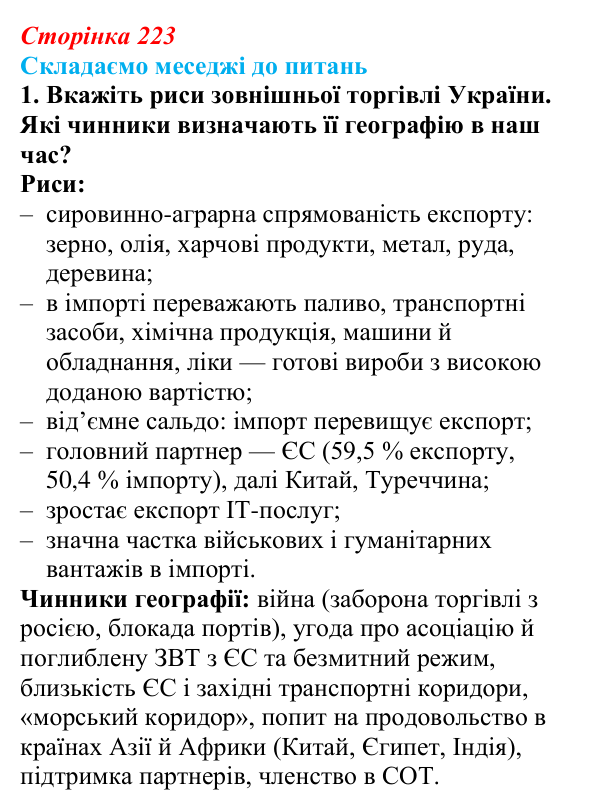 Відповідь до завдання 1 «Складаємо меседжі до питань» § 28 (с. 223) з географії для 9 класу (Безуглий, 2026): Торгівля...