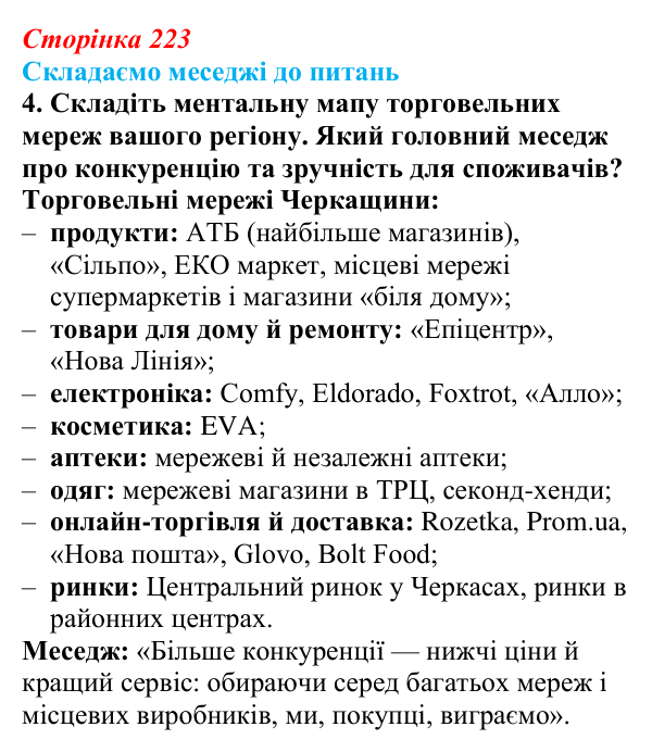 Відповідь до завдання 4 «Складаємо меседжі до питань» § 28 (с. 223) з географії для 9 класу (Безуглий, 2026): Торгівля...