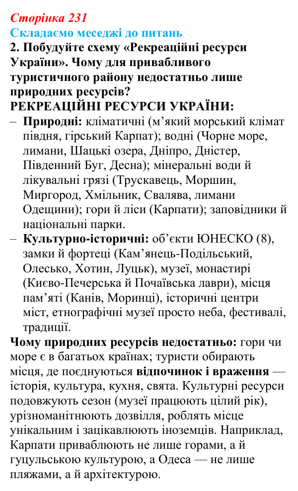 Відповідь до завдання 2 «Складаємо меседжі до питань» § 29 (с. 231) з географії для 9 класу (Безуглий, 2026): Туризм...