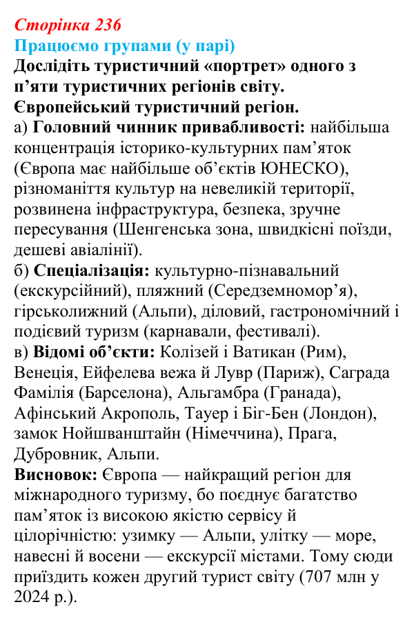Відповідь до завдання «Працюємо групами (у парі)» § 30 (с. 236) з географії для 9 класу (Безуглий, 2026): Міжнародний...