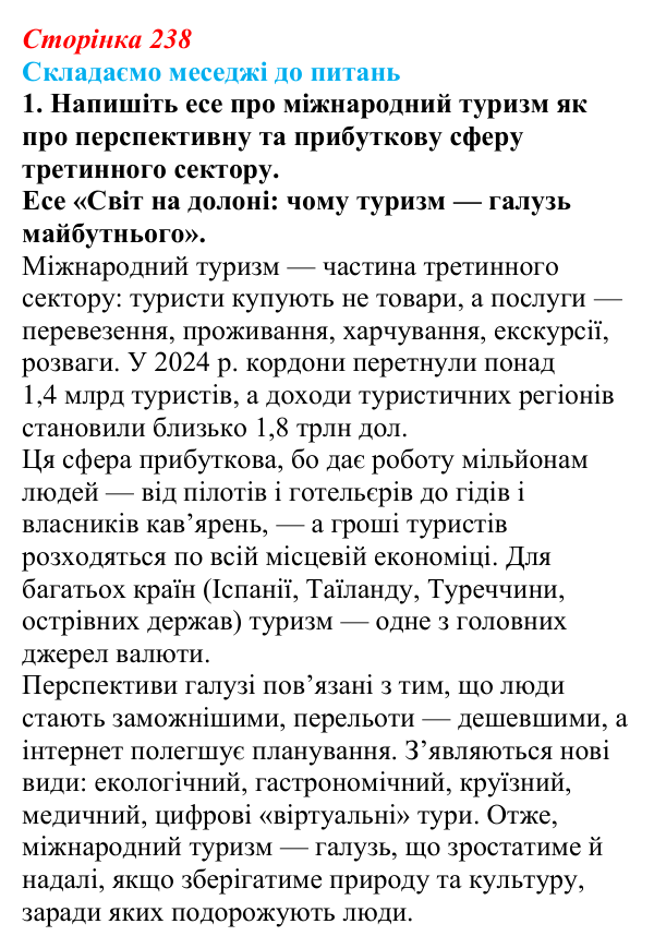 Відповідь до завдання 1 «Складаємо меседжі до питань» § 30 (с. 238) з географії для 9 класу (Безуглий, 2026): Міжнародний...