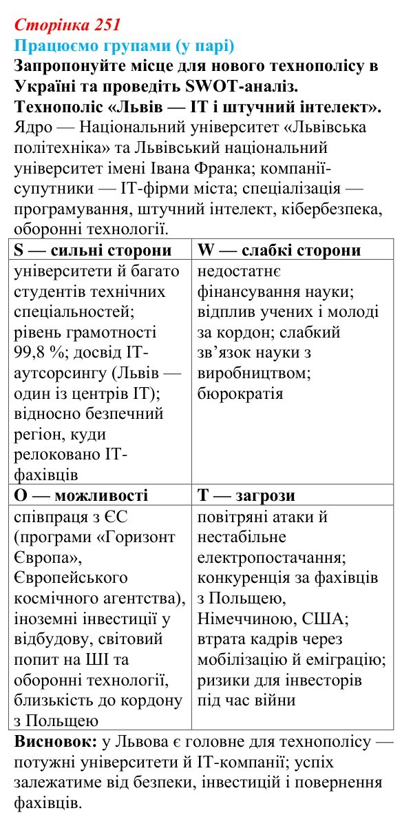 Відповідь до завдання «Працюємо групами (у парі)» § 32 (с. 251) з географії для 9 класу (Безуглий, 2026): Наука, освіта...
