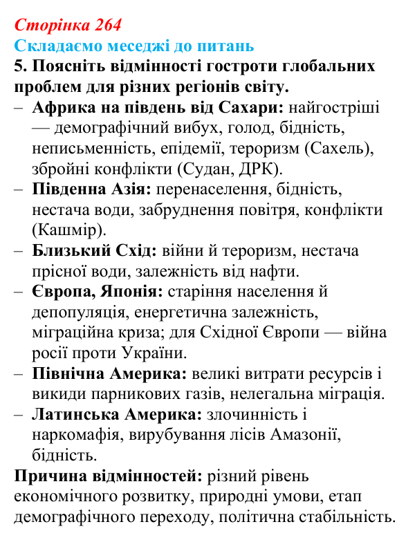 Відповідь до завдання 5 «Складаємо меседжі до питань» § 33 (с. 264) з географії для 9 класу (Безуглий, 2026): Поняття про...